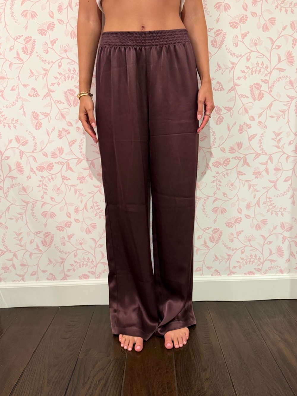 Babaton Brown Satin Silk Pants | High Waisted Pull On Trouser